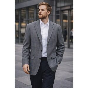 Ralph‎ Lauren Silk Wool Houndstooth Blazer Sport Coat Gray 46R